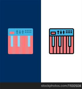 Controller, Hardware, Keyboard, Midi, Music Icons. Flat and Line Filled Icon Set Vector Blue Background