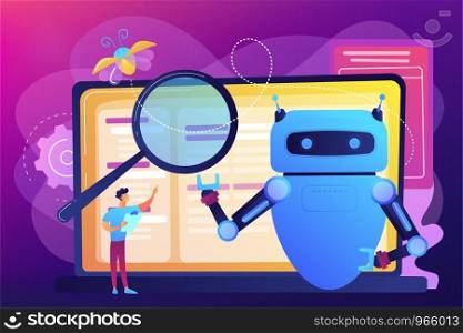 Controller reading regulations to robot. Artificial intelligence regulations, limitations in AI development, global tech regulations concept. Bright vibrant violet vector isolated illustration. Artificial intelligence regulations concept vector illustration.