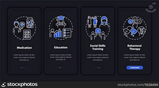 Controlling ADHD behavior onboarding mobile app page screen. Social skills walkthrough 4 steps graphic instructions with concepts. UI, UX, GUI vector template with linear night mode illustrations. Controlling ADHD behavior onboarding mobile app page screen