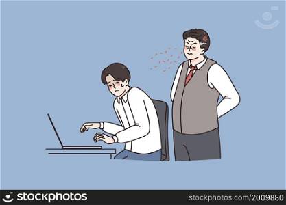 Controlling at work and fear concept. Angry boss standing and controlling looking at laptop of afraid worker during job day vector illustration . Controlling at work and fear concept