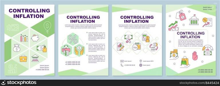 Controlling inflation green brochure template. Leaflet design with linear icons. Editable 4 vector layouts for presentation, annual reports. Arial-Black, Myriad Pro-Regular fonts used. Controlling inflation green brochure template
