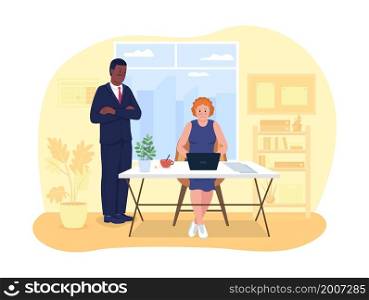 Controlling manager at work 2D vector isolated illustration. Office work problem for employee. Frustated coworkers flat characters on cartoon background. Workplace challenges colourful scene. Controlling manager at work 2D vector isolated illustration