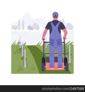 Controlling weeds by mowing isolated cartoon vector illustrations. Farmer with mowing machine on field, modern agriculture, organic farming industry, gardening equipment vector cartoon.. Controlling weeds by mowing isolated cartoon vector illustrations.