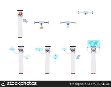 controls the drone through the control panel. virtual reality, builds a city, celebrates, looks at the world. Arab saudi businessman. cartoon character set
