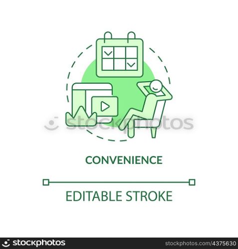 Convenience green concept icon. Media service. Subscription benefits abstract idea thin line illustration. Isolated outline drawing. Editable stroke. Roboto-Medium, Myriad Pro-Bold fonts used. Convenience green concept icon