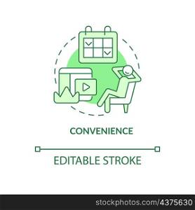 Convenience green concept icon. Media service. Subscription benefits abstract idea thin line illustration. Isolated outline drawing. Editable stroke. Roboto-Medium, Myriad Pro-Bold fonts used. Convenience green concept icon