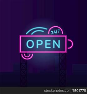 Convenience store vector neon light board sign illustration. Round the clock shop commercial signboard design with typography. Late night shopping. Announcement banner with outer glowing effect. Convenience store vector neon light board sign illustration