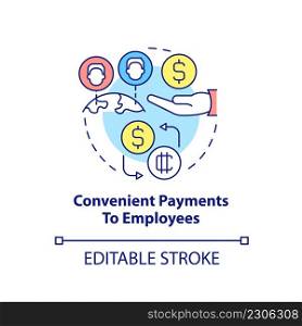 Convenient payments to employees concept icon. Cryptocurrency benefit in usage abstract idea thin line illustration. Isolated outline drawing. Editable stroke. Arial, Myriad Pro-Bold fonts used. Convenient payments to employees concept icon