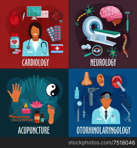 Conventional and alternative forms of medicine icons of cardiology, neurology, acupuncture and otorhinolaryngology flat symbols with doctors in uniforms, examination medical devices and diagnosis equipments, operating instruments, acupuncture needles and points diagram. Conventional and alternative medicine flat icons