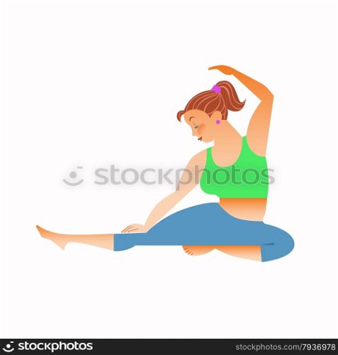 Conventional bit thick woman does yoga. Health care and spiritual. Yoga alphabet. The Letter D. Normal a little fat woman doing yoga