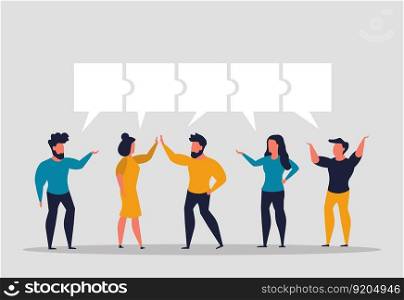 Conversation and communication of employees as one mechanism. Discussing solutions and looking for answers to questions. Business people partnership together. Vector illustration