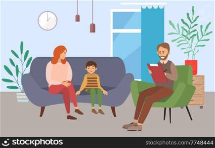 Conversation between mother, child and male psychologist, psychotherapist makes notes in a notebook. Family psychotherapy, psychotherapeutic aid for children with mental problems, consultation. Conversation between mother, child and male psychologist, psychotherapist makes notes in a notebook