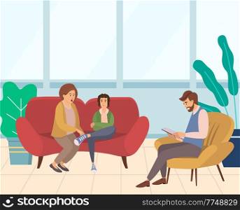 Conversation between mother, teenager and a man psychologist or psychotherapist makes notes in a notebook. Family psychotherapy, psychotherapeutic aid for children with mental problems consultation. Conversation between mother, child and a man psychologist or psychotherapist. Family psychotherapy