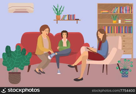 Conversation between mother, teenager and female psychologist or psychotherapist makes notes in a notebook. Family psychotherapy, psychotherapeutic aid for children with mental emotional problems. Conversation between mother, teenager and female psychologist or psychotherapist makes notes