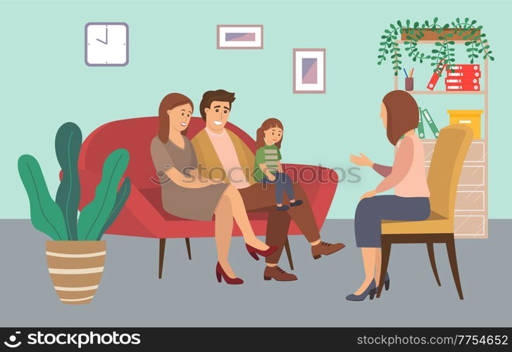 Conversation between parents, child and female psychologist or psychotherapist. Family psychotherapy, psychotherapeutic aid for children with emotional problems. Flat cartoon vector illustration. Conversation between parents, child and female psychologist. Family psychotherapy session