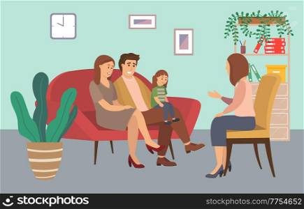 Conversation between parents, child and female psychologist or psychotherapist. Family psychotherapy, psychotherapeutic aid for children with emotional problems. Flat cartoon vector illustration. Conversation between parents, child and female psychologist. Family psychotherapy session