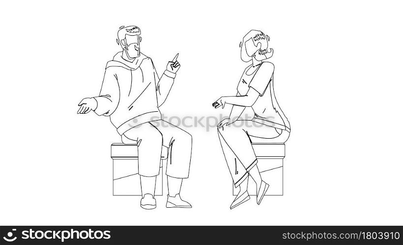 Conversation Between Young Man And Woman Black Line Pencil Drawing Vector. Boy And Girl Sitting On Chair Have Business Conversation Together. Characters People Discussing On Meeting Illustration. Conversation Between Young Man And Woman Vector