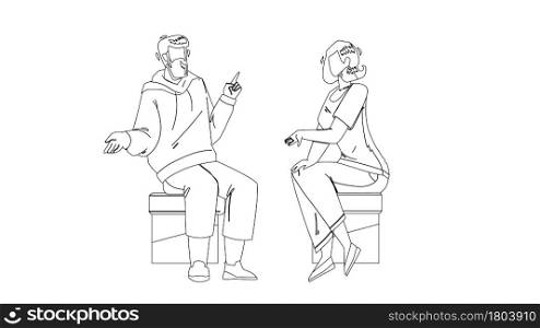 Conversation Between Young Man And Woman Black Line Pencil Drawing Vector. Boy And Girl Sitting On Chair Have Business Conversation Together. Characters People Discussing On Meeting Illustration. Conversation Between Young Man And Woman Vector