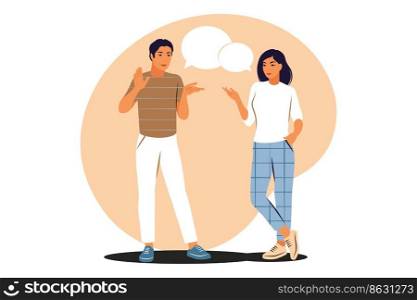 Conversation concept. Man and woman talking with speech bubbles. Vector illustration. Flat.