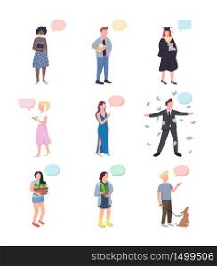 Conversation flat color vector faceless characters set. Gardener with cactus. Dog owner. Woman with champagne. People with speech bubbles isolated cartoon illustrations on white background