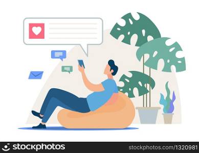 Conversation in Social Network, Online Dating Flat Vector Concept. Man Sitting in Bean Bag Chair with Cellphone in Hand, Messaging, Chatting Online, Communicating with Friends in Internet Illustration