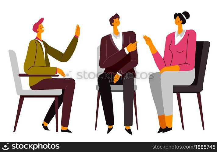 Conversation of couple with psychologist on consultation. Wife and husband resolving family problems and troubles in relationship. Discussion and communication with specialist vector in flat style. Psychotherapy of couple, wife and husband on counseling