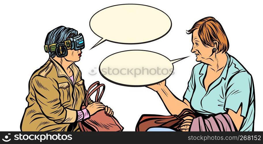 Conversation. Older women in virtual reality, VR glasses. Pop art retro vector illustration vintage kitsch. Conversation. Older women in virtual reality, VR glasses