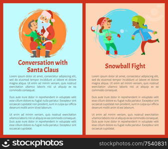 Conversation with Santa and snowball fights postcards. Kid telling about his dreams to Saint Nicholas sitting on knees, children fighting outdoors by snow. Conversation with Santa, Snowball Fights Postcards