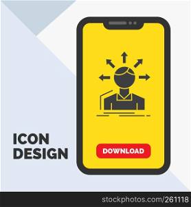 conversion difference, diversity, options, structure, user transition Glyph Icon in Mobile for Download Page. Yellow Background