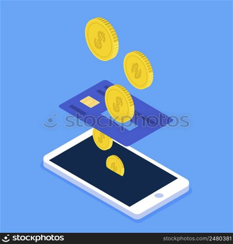 Conversion. Money transfer from credit card to bank application account, currency exchange, deposit and investment. Smartphone and gold coins with dollar sign. Vector cartoon flat finance concept. Conversion. Money transfer from credit card to bank application account, currency exchange, deposit and investment. Smartphone and gold coins with dollar sign. Vector finance concept