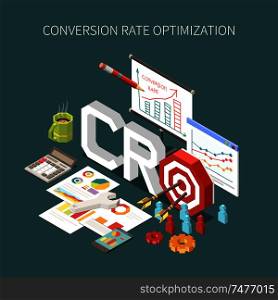Conversion rate optimization and client targeting concept with plans graphs and diagrams 3d vector illustration