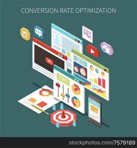 Conversion rate optimization isometric concept with colorful video promotion and seo icons vector illustration