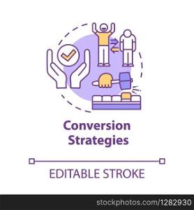 Conversion strategies concept icon. Generating lead customers. Retail and e-commerce. Marketing idea thin line illustration. Vector isolated outline RGB color drawing. Editable stroke
