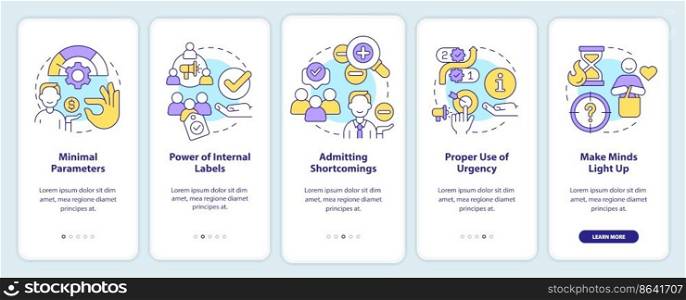 Convert more customers onboarding mobile app screen. Consumer behavior walkthrough 5 steps editable graphic instructions with linear concepts. UI, UX, GUI template. Myriad Pro-Bold, Regular fonts used. Convert more customers onboarding mobile app screen