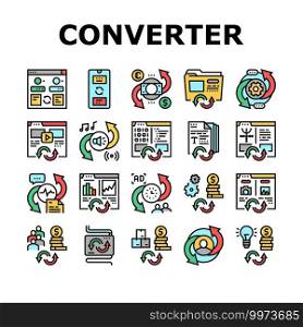 Converter Application Collection Icons Set Vector. Currency And Abstract, Video And Audio Files, Image And Program Code Converter Concept Linear Pictograms. Contour Color Illustrations. Converter Application Collection Icons Set Vector