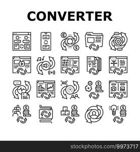 Converter Application Collection Icons Set Vector. Currency And Abstract, Video And Audio Files, Image And Program Code Converter Black Contour Illustrations. Converter Application Collection Icons Set Vector