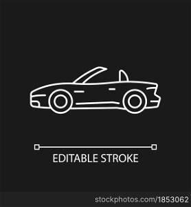 Convertible car white linear icon for dark theme. Cabriolet with retractable roof. Open top car. Thin line customizable illustration. Isolated vector contour symbol for night mode. Editable stroke. Convertible car white linear icon for dark theme