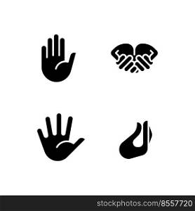 Conveying information by gestures black glyph icons set on white space. Communication system. Hand signs system. Silhouette symbols. Solid pictogram pack. Vector isolated illustration. Conveying information by gestures black glyph icons set on white space