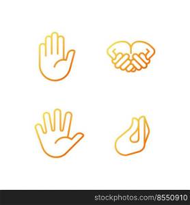 Conveying information by gestures pixel perfect gradient linear vector icons set. Communication system. Hand signs. Thin line contour symbol designs bundle. Isolated outline illustrations collection. Conveying information by gestures pixel perfect gradient linear vector icons set