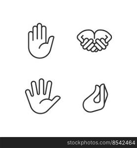 Conveying information by gestures pixel perfect linear icons set. Communication system. Hand positions. Customizable thin line symbols. Isolated vector outline illustrations. Editable stroke. Conveying information by gestures pixel perfect linear icons set