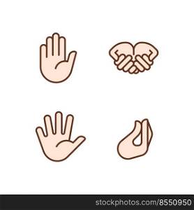 Conveying information by gestures pixel perfect RGB color icons set. Communication system. Hand positions. Isolated vector illustrations. Simple filled line drawings collection. Editable stroke. Conveying information by gestures pixel perfect RGB color icons set