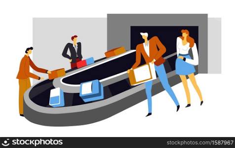 Conveyor belt in airport hall, baggage claim, airplane passengers isolated icon vector. Luggage carousel, suitcases scanning, departure and arrival. Terminal, traveling and tourism, men and women. Airport conveyor belt, baggage carousel, suitcase scanning