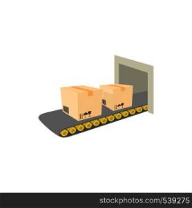 Conveyor belt with boxes icon in cartoon style on a white background. Conveyor belt with boxes icon, cartoon style