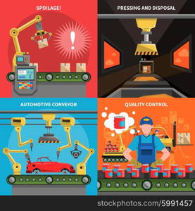 Conveyor Icons Set . Conveyor icons set with spoilage pressing and quality control symbols flat isolated vector illustration