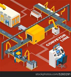Conveyor Line And Operator Concept . Conveyor line and operator isometric concept with machinery symbols on red background vector illustration
