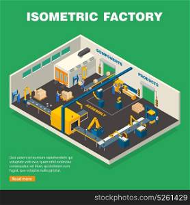 Conveyor Line Composition. Conveyor line composition with equipment on green background isometric vector illustration