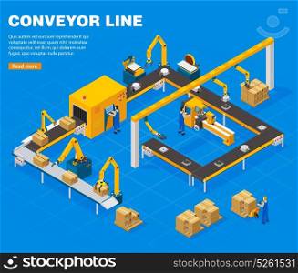 Conveyor Line Concept . Conveyor line isometric concept with technology symbols on blue background vector illustration