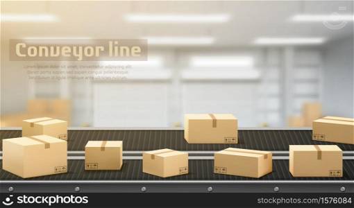 Conveyor line with carton boxes side view, industrial processing production belt, automated manufacturing engineering equipment on factory area blurred background, Realistic 3d vector illustration. Conveyor line with carton boxes moving side view