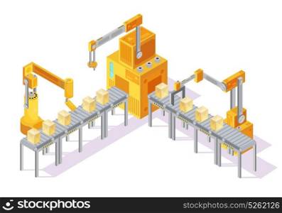 Conveyor System Isometric Illustration. Yellow grey conveyor system with control panel, robotic hands and packaging on line isometric vector illustration