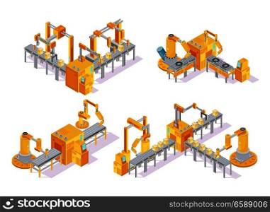 Conveyor system with computer control isometric design concept including production line and packaging isolated vector illustration. Conveyor System Isometric Design Concept